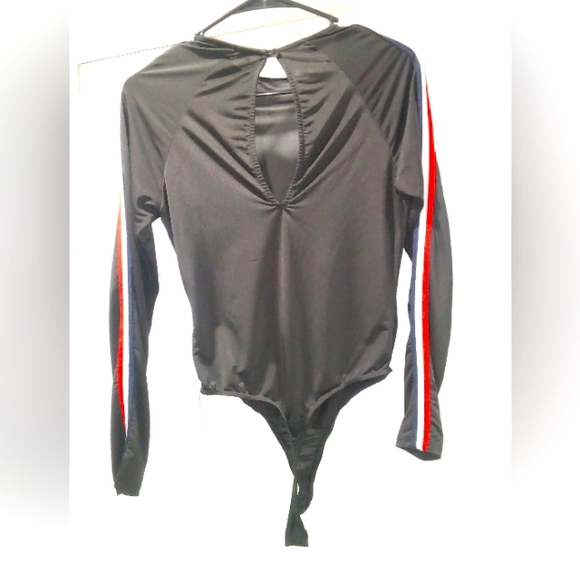 Fashion Nova Black Bodysuit with Red, White, & Blue Stripes, L - Picture 2 of 2